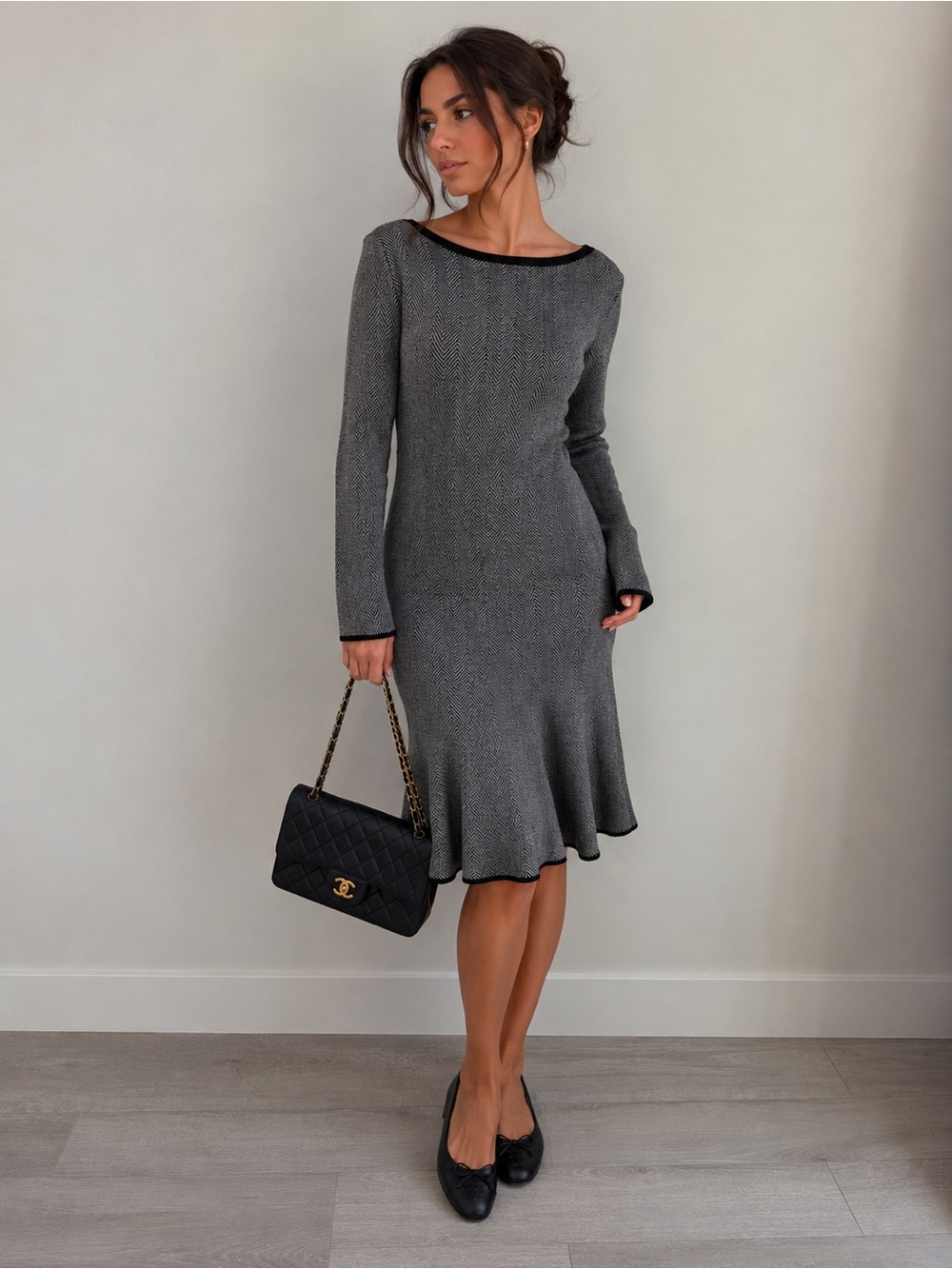 Ann Taylor Grey & Black Herringbone Sweater Dress Size S